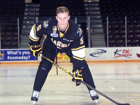 Jakob Chychrun was recently named an alternate captain of the Sarnia Sting. Chychrun's head coach said the 16-year-old rookie defenceman earned a leadership letter because of his daily habits and work ethic. (TERRY BRIDGE/THE OBSERVER)