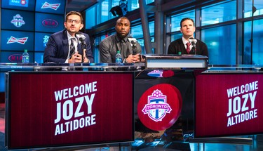 Jozy Altidore  (middle)- signed by Toronto FC - during a press conference at the Air Canada Centre in Toronto, Ont. on Friday January 16, 2015. On the left - Toronto FC GM Tim Bezbatchenko and on the right is head coach Greg Vanney.  Ernest Doroszuk/Toronto Sun/QMI Agency