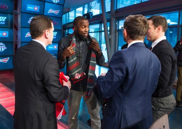 Jozy Altidore - signed by Toronto FC - prepares for a photo-op after a press conference at the Air Canada Centre in Toronto, Ont. on Friday January 16, 2015. Ernest Doroszuk/Toronto Sun/QMI Agency