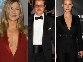 Brad Pitt (centre) flanked by two of his exes Jennifer Aniston (left) and Gwyneth Paltrow. (WENN.COM)