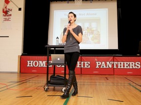 April Reimer speaks at Park Dale School in Belleville Friday, Jan. 16, 2015, about her anti-cyber bullying campaign, #TweetSweet. - Emily Mountney-Lessard/The Intelligencer/QMI Agency