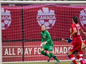 Stephanie Labbé follows an airborne ball during a recent friendly in Vancouver. The 28-year-old keeper and Stony Plain-born national team player has excelled during a recent tournament in China. - Phioto courtesy of Canada Soccer