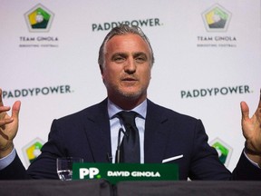 Former French soccer player David Ginola announced his campaign to stand for the FIFA presidency in London on Friday, Jan. 16, 2015. (Neil Hall/Reuters)