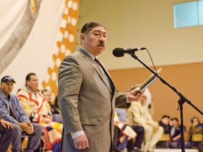 Chief Stanley Charles Grier addresses the crowd at the Piikani Community Hall in Brocket during the newly-elected leaders' inauguration ceremony on Monday, Jan. 12, 2015. Grier was finally elected after two previous unsuccessful bids. John Stoesser photos/QMI Agency.