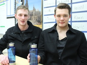 Grade 12 students Brayden Gerrard (left) and Brendan Willey from Memorial Composite High School are business partners and currently selling the “9 to 5” water bottle (pictured here). The pair of entrepreneurs are also upcoming speakers at the Shaping your Future conference in Kananaskis, organized by Ever Active Schools, at the end of January. - Karen Haynes, Reporter/Examiner