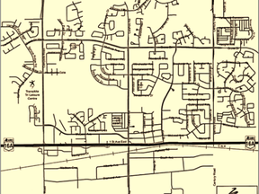 This is a map tracking thefts from vehicles in Spruce Grove and Stony Plain from October to December 2014. Multiple thefts on the same day and street are represented by a single dot, so the actual number of thefts may be higher than shown here. - Courtesy RCMP