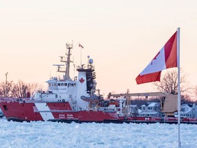 CCGS Samuel Risley passes by Port Lambton on the St. Clair River to provide icebreaking assistance to commercial shipping.  (Photo courtesy of Richard Dompierre)