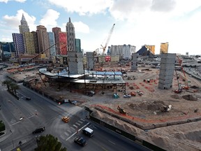 Construction continues on the Las Vegas Arena west of the New York-New York Hotel & Casino on December 18, 2014 in Las Vegas, Nevada. The USD 375 million, 20,000-seat sports and entertainment arena is being built by MGM Resorts International and AEG and is scheduled to open in spring 2016. (Ethan Miller/Getty Images/AFP)