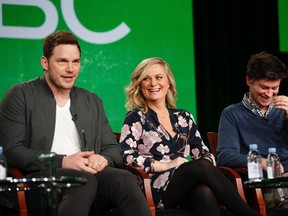 Actors Chris Pratt and Amy Poehler, and producer Mike Schur (left to right) speak about the NBC television show "Parks and Recreation" during the TCA presentations in Pasadena, California, January 16, 2015. (REUTERS/Lucy Nicholson)