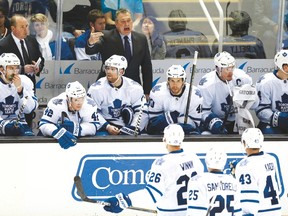 Head coach Peter Horachek gets animated behind the bench during the Leafs' 3-1 loss to San Jose on Thursday. (USA TODAY SPORTS)