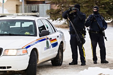 RCMP officers are on scene at Apex Casino after two RCMP officers were shot in St. Albert, Alta., on Saturday, Jan. 17, 2015. (Codie McLachlan/QMI Agency)