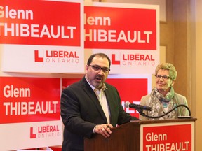 Ontario Premier Kathleen Wynne looks on as Sudbury Liberal candidate Glenn Thibeault addresses the crowd Wednesday January 7/2015 in Sudbury, Ontario.. Thibeault was appointed Liberal candidate for Sudbury in the upcoming byelection for Sudbury, Ontario. Wynne announced a byelection for the Sudbury riding on Wednesday morning to fill a spot after NDP Joe Cimino resigned in October for personal reason.
Gino Donato/The Sudbury Star/QMI Agency
