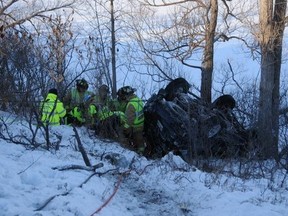 Saturday, Jan. 17, 2015 Ottawa -- A woman is in hospital after a single vehicle accident on Regional Rd. 174, east of Trim Rd.? Saturday, Jan. 17, 2015. The vehicle was found along a bank, near the Ottawa River, wedged between two treesOttawa Fire Service photoOTTAWA SUN/QMI AGENCY