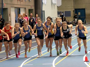 Laurentian runners Maddy Bak (left), Sam Edwards, Emily Marcolini, Michelle Kennedy, Marissa Lobert and Katie Wismer take off at the start of the 3,000-metre final at University of Toronto’s Fred Foot Invitational on Saturday.