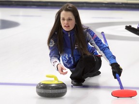 Sudbury skip Tracy Horgan delivers a stone Friday at Fort William Curling Club in her 5-3 win over North Bay's Laura Payne at the Northern Ontario Scotties Tournament of Hearts.