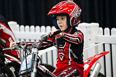 Carig Parfitt, 12, takes part in observe trials with the Alberta Trials Riders Association during the 2015 Motorcycle and ATV Show Edmonton at the Edmonton Expo Centre in Edmonton, Alta., on Sunday, Jan. 18, 2015. Codie McLachlan/Edmonton Sun/QMI Agency