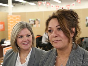 JOHN LAPPA/THE SUDBURY STAR 
Ontario NDP leader Andrea Horwath, left, and Sudbury NDP candidate Suzanne Shawbonquit field questions from the local media during Shawbonquit's campaign open house on Saturday.