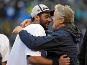 Seahawks head coach Pete Carroll (right) and quarterback Russell Wilson are back in the Super Bowl for the second year in a row.