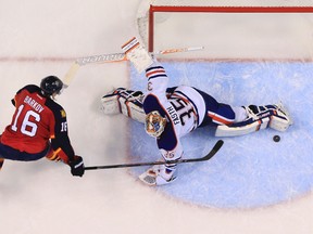 Viktor Fasth stretches out his left leg to stop a shot by Panthers centre Aleksander Barkov during the shootout in Florida on Saturday Jan. 18, 2015.
Robert Mayer/USA Today Sports