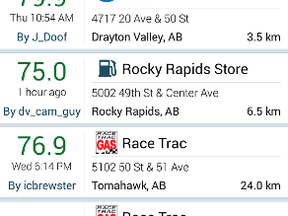 Gas prices on Jan. 16 as seen on the Gas Buddy app.
