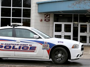 A Chatham-Kent police vehicle was still on the scene an hour after a weapon's lockdown was called at John McGregor Secondary School in Chatham, On., on Monday January 19, 2015. (Diana Martin, The Daily  News)