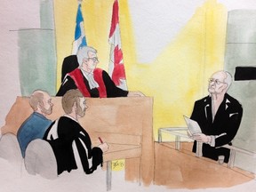 This courtroom sketch shows Richard Bain, right, at the courthouse in Montreal, Jan. 19, 2015. (DELPH BERG/QMI Agency)