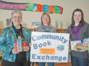 Teresa Sargent (left), vice principal at UTES; Donna Feeney, early literacy specialist with Perth Middlesex Early Years, and Lisa McDougall, West Perth early years coordinator, are preparing for Family Literacy Day on Jan. 27 at Upper Thames Elementary School. This year, Perth Care For Kids and Upper Thames Elementary School are partnering together for the fun-filled family event. In addition to live entertainment, Family Literacy Day will also include a community book exchange. KRISTINE JEAN/MITCHELL ADVOCATE