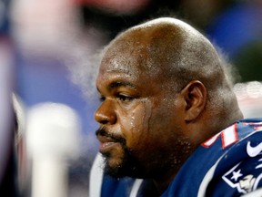 Steam rises from the head of Vince Wilfork #75 of the New England Patriots in the first half against the Baltimore Ravens during the 2014 AFC Divisional Playoffs game at Gillette Stadium on January 10, 2015 in Foxboro, Massachusetts. (Jim Rogash/Getty Images/AFP)