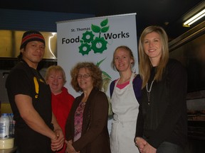 A group of community agencies is set to officially launch the St. Thomas Food Works Centre, a shared space inside Destination Church that aims to improve access to healthy food, build community and teach culinary skills. Standing in the kitchen at Destination Church are volunteer Richard Sinco, left, pastor Beth Fellinger, Food Works employee Heather Franklin, volunteer Tina Wiebe and Food Works coordinator Kellie Coelho. (Ben Forrest/Times-Journal)