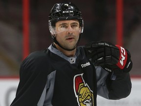 Ottawa Senators defenceman Chris Phillips during practice at the Canadian Tire Centre in Ottawa Monday, Jan. 19, 2015. Phillips will be back in the lineup when the Senators play the Rangers in New York Tuesday night. (Tony Caldwell/Ottawa Sun)