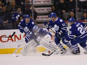 Goalie Jonathan Bernier goes for the puck as Maple Leafs host the Carolina Hurricanes at the Air Canada Centre in Toronto on Monday January 19, 2015. Michael Peake/Toronto Sun/QMI Agency