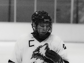 Derek Tarcon narrowly misses scoring his fifth goal in a game against the Kainai Braves. The Huskies’ captain lead his team to a 5-2 victory scoring four goals. Greg Cowan photo/Pincher Creek Echo.