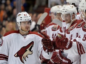 Mikkel Boedker of the Arizona Coyotes celebrates his shootout  goal against the Anaheim Ducks at Honda Center on November 7, 2014 in Anaheim. (Harry How/Getty Images/AFP)