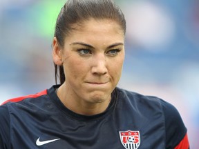 Hope Solo of the United States warms up prior to playing against Russia at FAU Stadium on February 8, 2014 in Boca Raton, Florida. (Marc Serota/Getty Images/AFP)