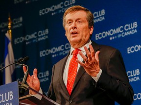 Mayor John Tory explains his new budget at a Economic Club of Canada luncheon in downtown Toronto on Tuesday. (DAVE THOMAS, Toronto Sun)