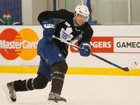 Toronto Maple Leafs captain Dion Phaneuf takes part in the team's workout at the Mastercard Centre on Jan. 20, 2015. (STAN BEHAL/Toronto Sun)