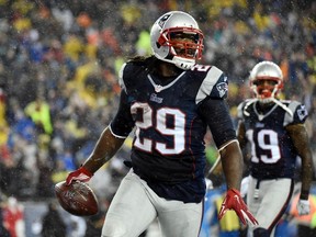 Patriots running back LeGarrette Blount reacts after scoring a touchdown against the Colts during the AFC Championship Game in Foxborough, Mass., on Sunday, Jan. 18, 2015. (Robert Deutsch/USA TODAY Sports)