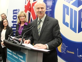 Reza Moridi, Ontario's minister of research and innovation, officially announces close to $200,000 Wednesday for The Cube, an entrepreneurship hub at Lambton College. The money is through the province's On-Campus Entrepreneurship Activities program. (TYLER KULA, The Observer)