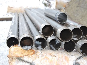 Exploration drill pipes.  Timmins Times file photo by Len Gillis.