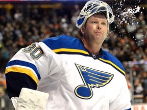 Martin Brodeur #30 of the St. Louis Blues reacts after a stop during a game against the Anaheim Ducks during the third period at Honda Center on January 2, 2015 in Anaheim, California. (Harry How/Getty Images/AFP)