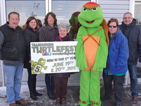 Turtlefest mascot 'George T' poses with members of the Turtlefest committee. (CHRIS ABBOTT/TILLSONBURG NEWS)