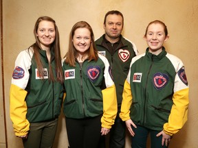 The junior womens curling team, from left are skip, Krysta Burns, second, Sara Guy, lead, Laura Master and coach Rodney Guy, missing is vice Leah Hodgson.