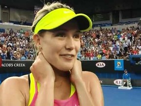 Bouchard speaks with a reporter post-match.