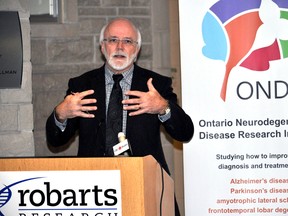 Dr. Michael Strong, a renowned neuroscientist and the dean of Western University’s Schulich School of Medicine and Dentistry, speaks at an announcement about the Ontario Neurodegenerative Disease Research Initiative in London Ont. Jan. 21, 2015. CHRIS MONTANINI\LONDONER\QMI AGENCY