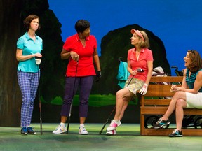 Catherine Fitch, left, playing Margot, and Marci House (Dory) listen to Ingrid Rae Doucet (Tate) and Sarah Orenstein (Connie) in The Ladies? Foursome, a play by Norm Foster at the Grand Theatre. (CRAIG GLOVER, The London Free Press)