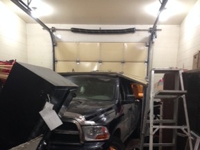 Drayton Valley RCMP say a stolen pickup truck crashed through the detachment on Wednesday morning. Photo Supplied/RCMP
