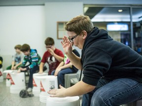 Trevor Jensen drums his custom trash can at the Trash Can Band program by Cultured Stone Studios at Little Big Fort. The first ever class was held on Sunday, Jan. 18, 2015 and is part of a 12-week-long program that is free for kids.

Christopher King | Whitecourt Star