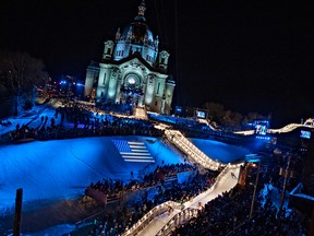 The St. Paul Cathedral offers a dramatic backdrop the the Red Bull Crashed Ice track in the Minnesota city. (Sebastian Marko, Red Bull Content Pool)