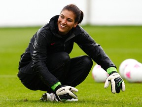 Goalkeeper Hope Solo was suspended 30 days by U.S. Soccer Wednesday following an incident with her husband earlier this week. (David Moir/Reuters/Files)