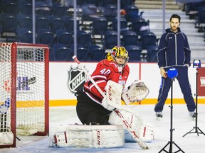 Owen Sound Attack’s Michael McNiven takes part in the goaltender testing at the Meridian Centre in St. Catharines on Wednesday. (Bob Tymczyszyn/QMI AGENCY)